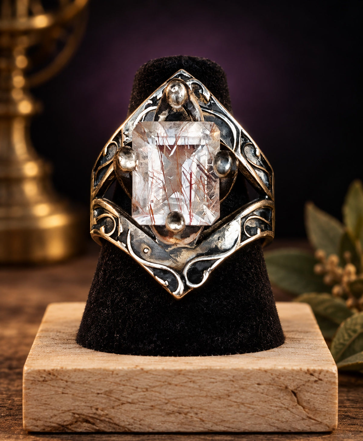 Budding Gemstone in a Serpent Garden — Rutilated Quartz Ring