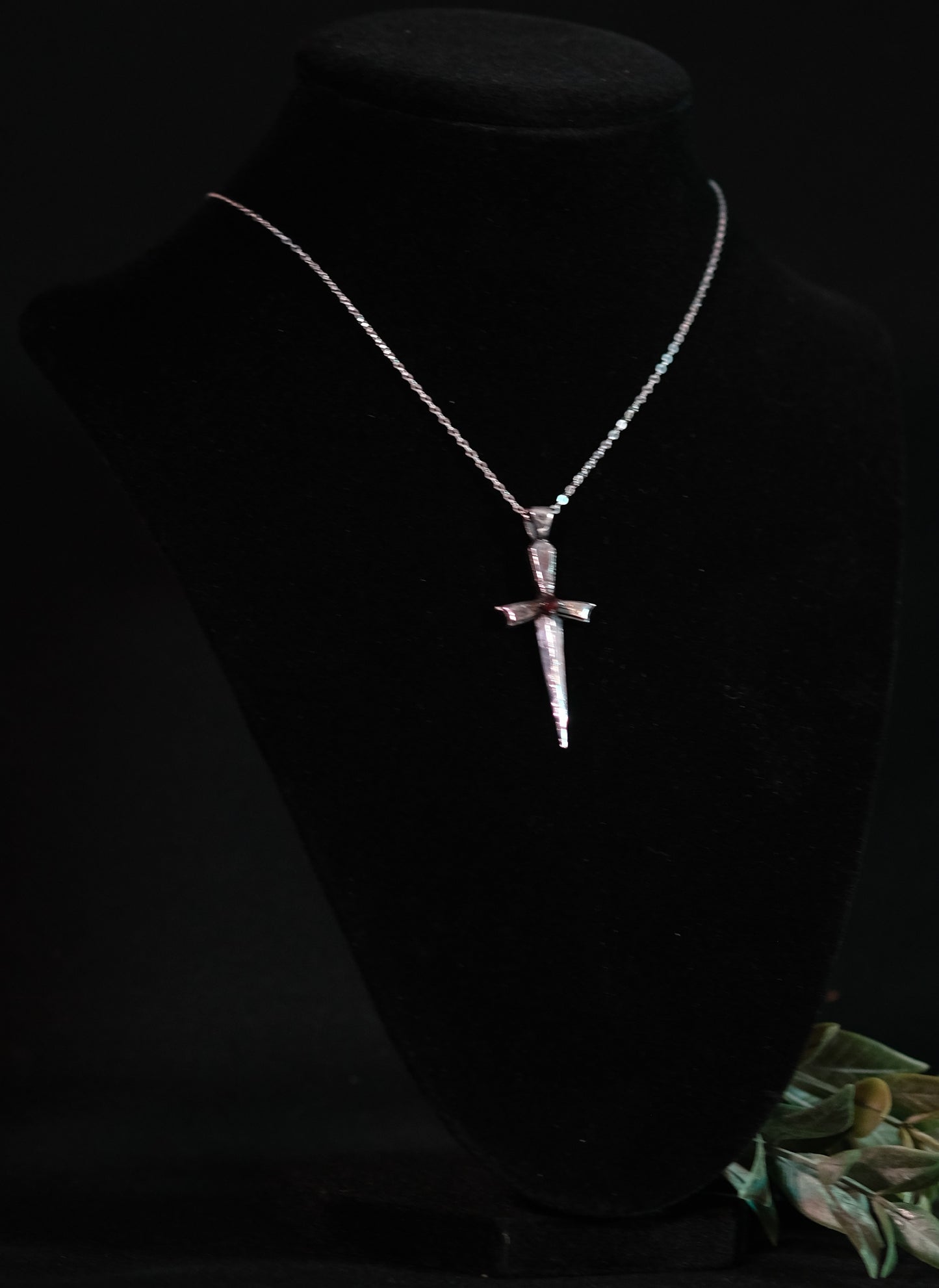 Dagger Cross Pendant Necklace- Sterling Silver Choice of Color Gemstone Obsidian Black, Red Garnet or Pale Blue