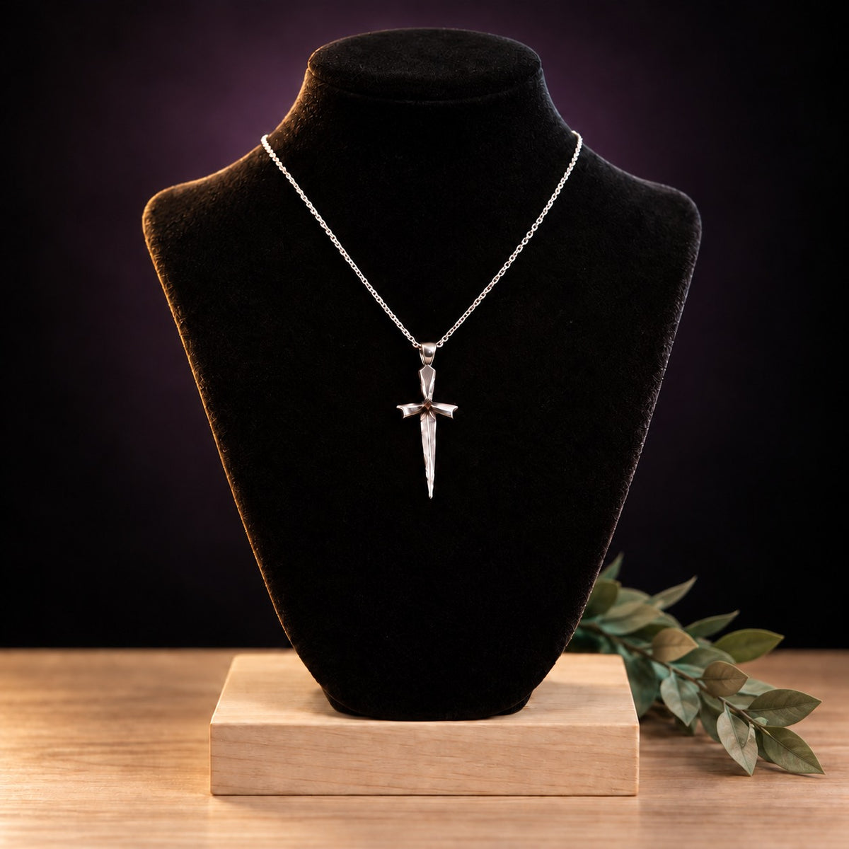 Dagger Cross Pendant Necklace- Sterling Silver Choice of Color Gemstone Obsidian Black, Red Garnet or Pale Blue