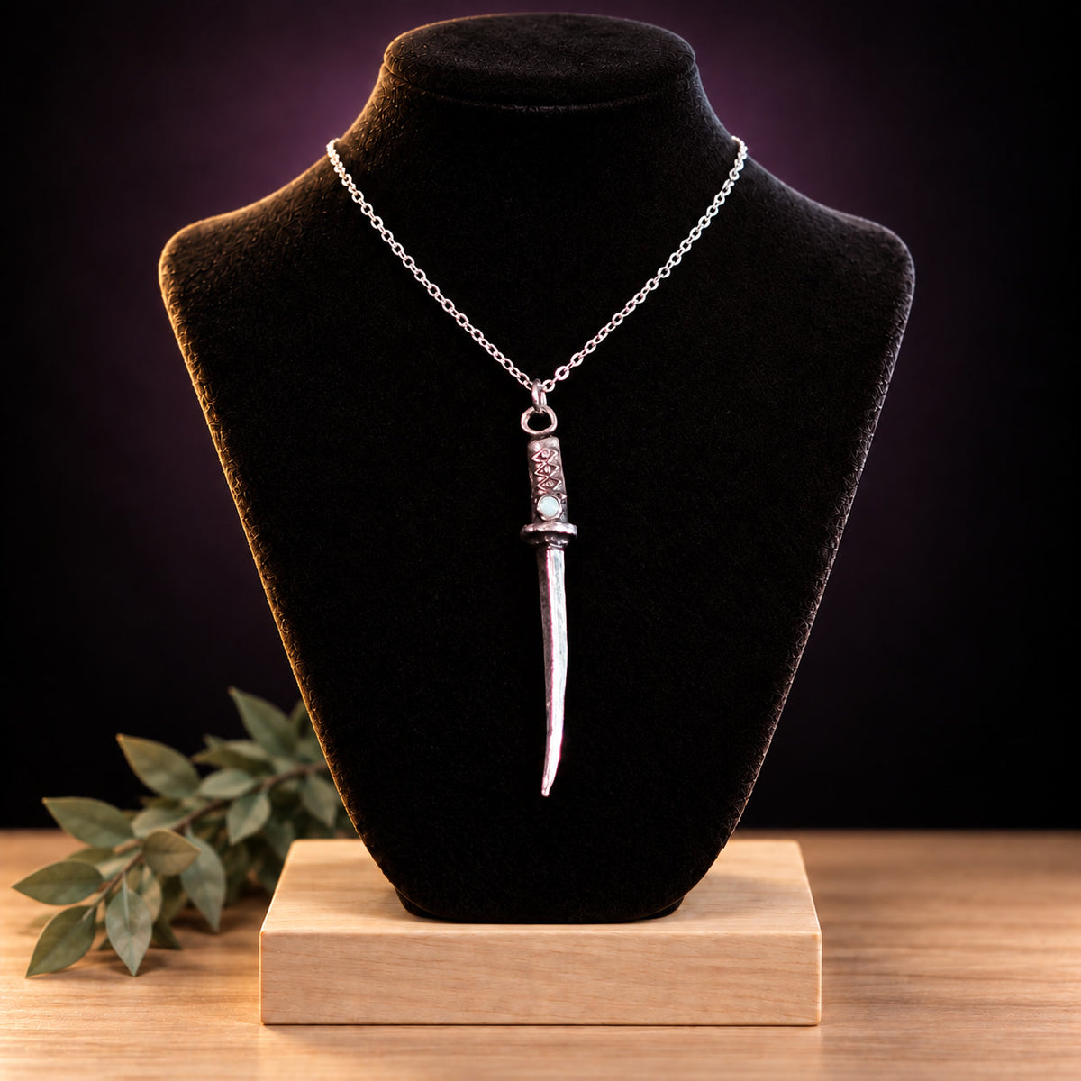Sterling Silver Katana Samurai Sword Necklace with Opal
