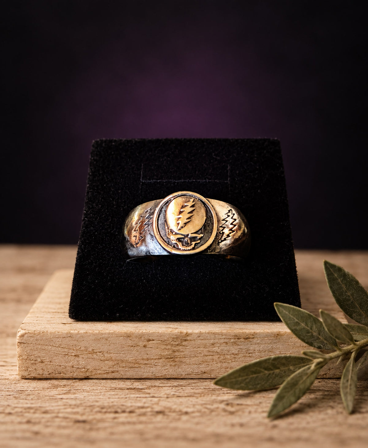 Handcrafted Silver Skull Face & Lightning Bolt Signet Ring