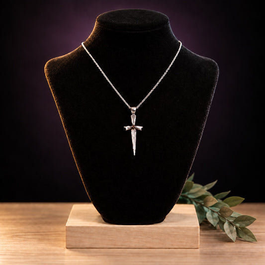 Dagger Cross Pendant Necklace- Sterling Silver Choice of Color Gemstone Obsidian Black, Red Garnet or Pale Blue