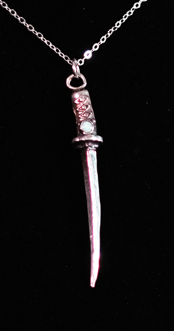 Sterling Silver Katana Samurai Sword Necklace with Opal