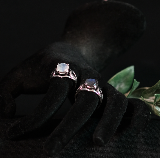 Crescent Moon Ring - made of Sterling Silver centered with Luminous Moonstone or Labadorite gemstone